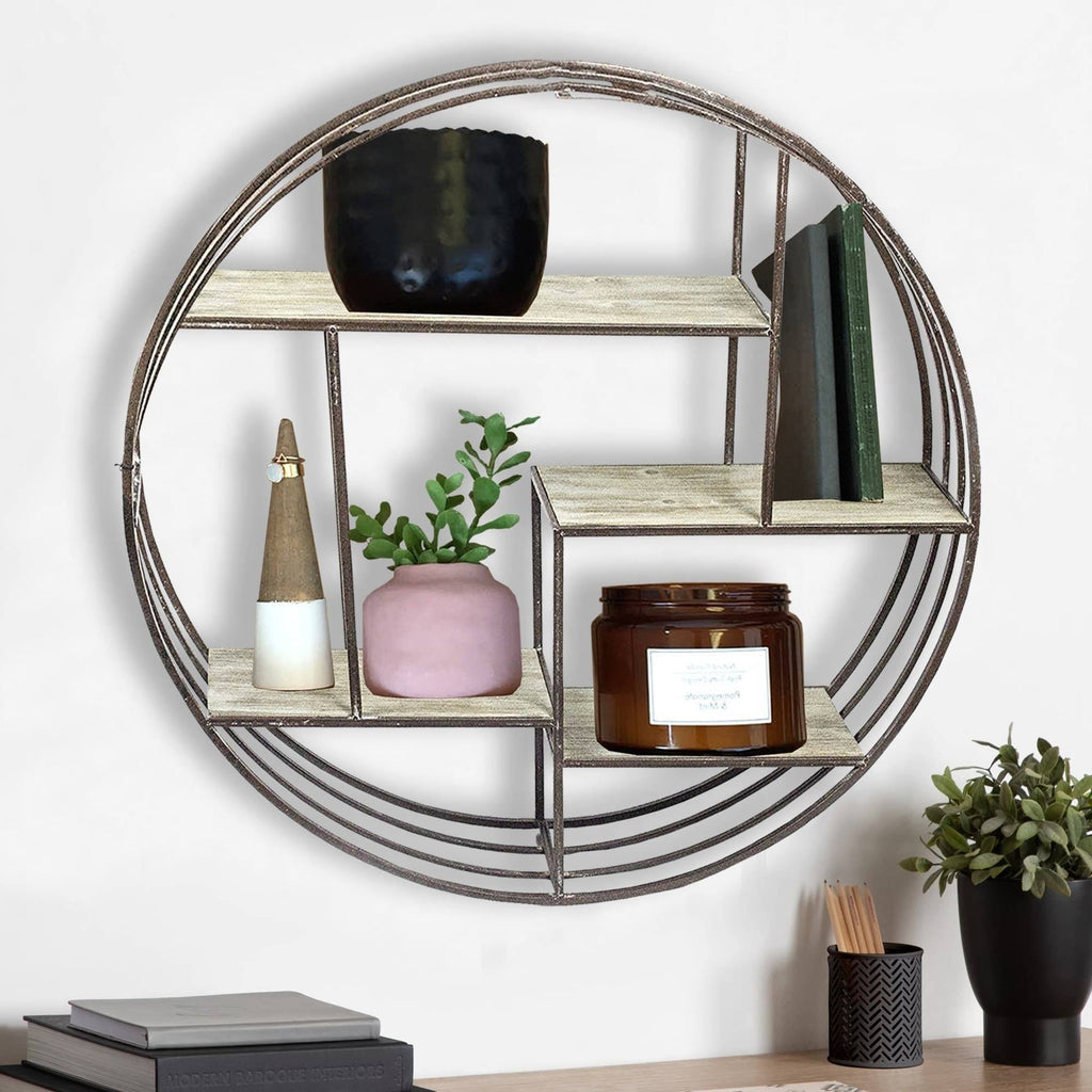 Brown Round Metal Wall Shelf with Wooden Shelves S5327