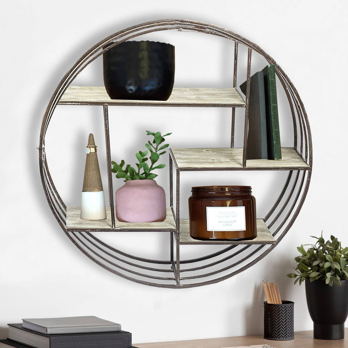 Brown Round Metal Wall Shelf with Wooden Shelves S5327