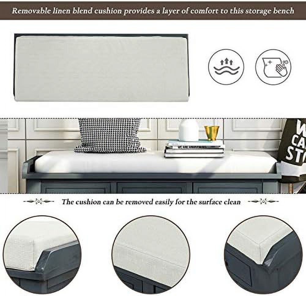 Rustic Bench with 3 Drawers and 3 Rattan Baskets Shoe Bench with Removable Cushion (White) L90439