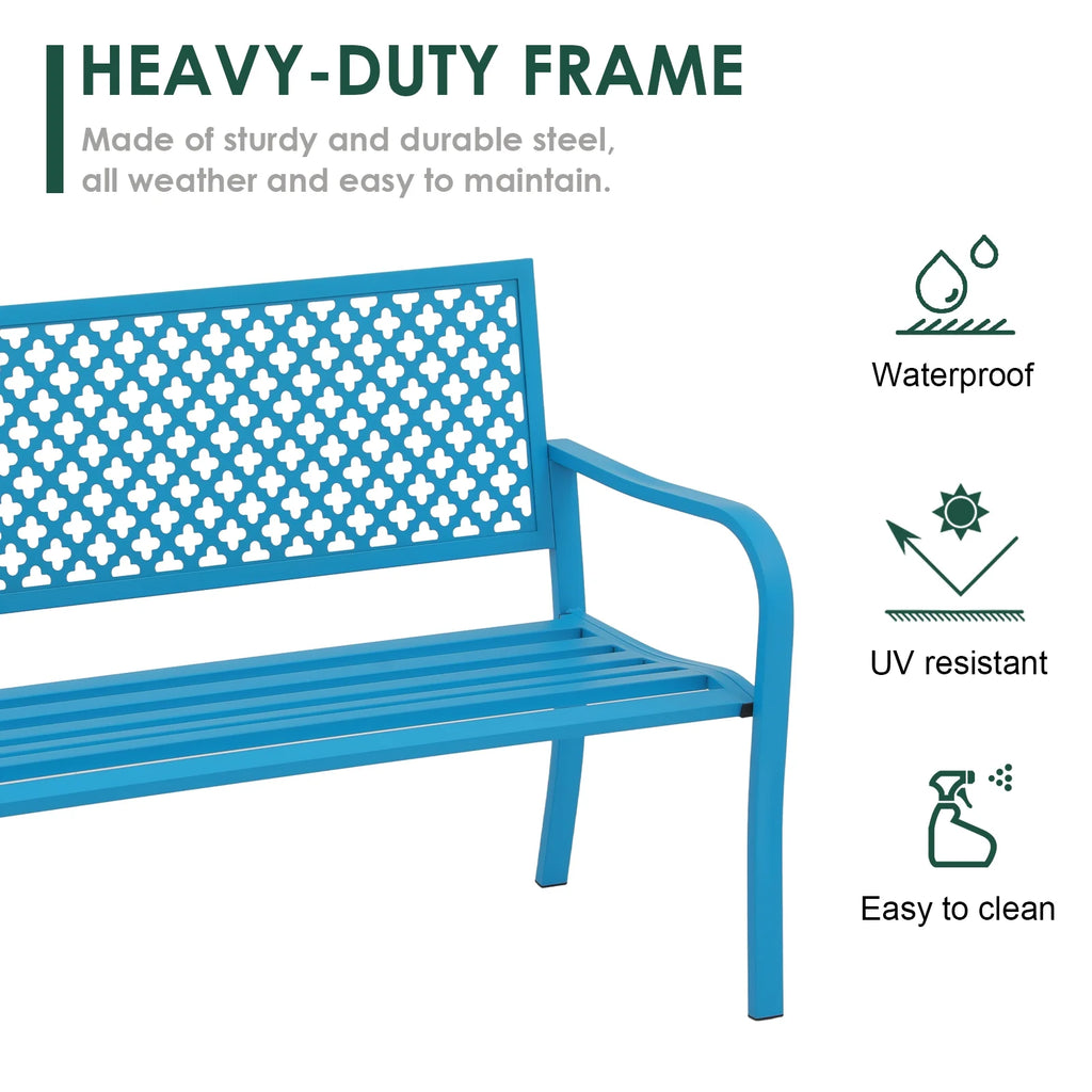 Blue 50in Metal Outdoor Garden Bench with Armrest Z78891