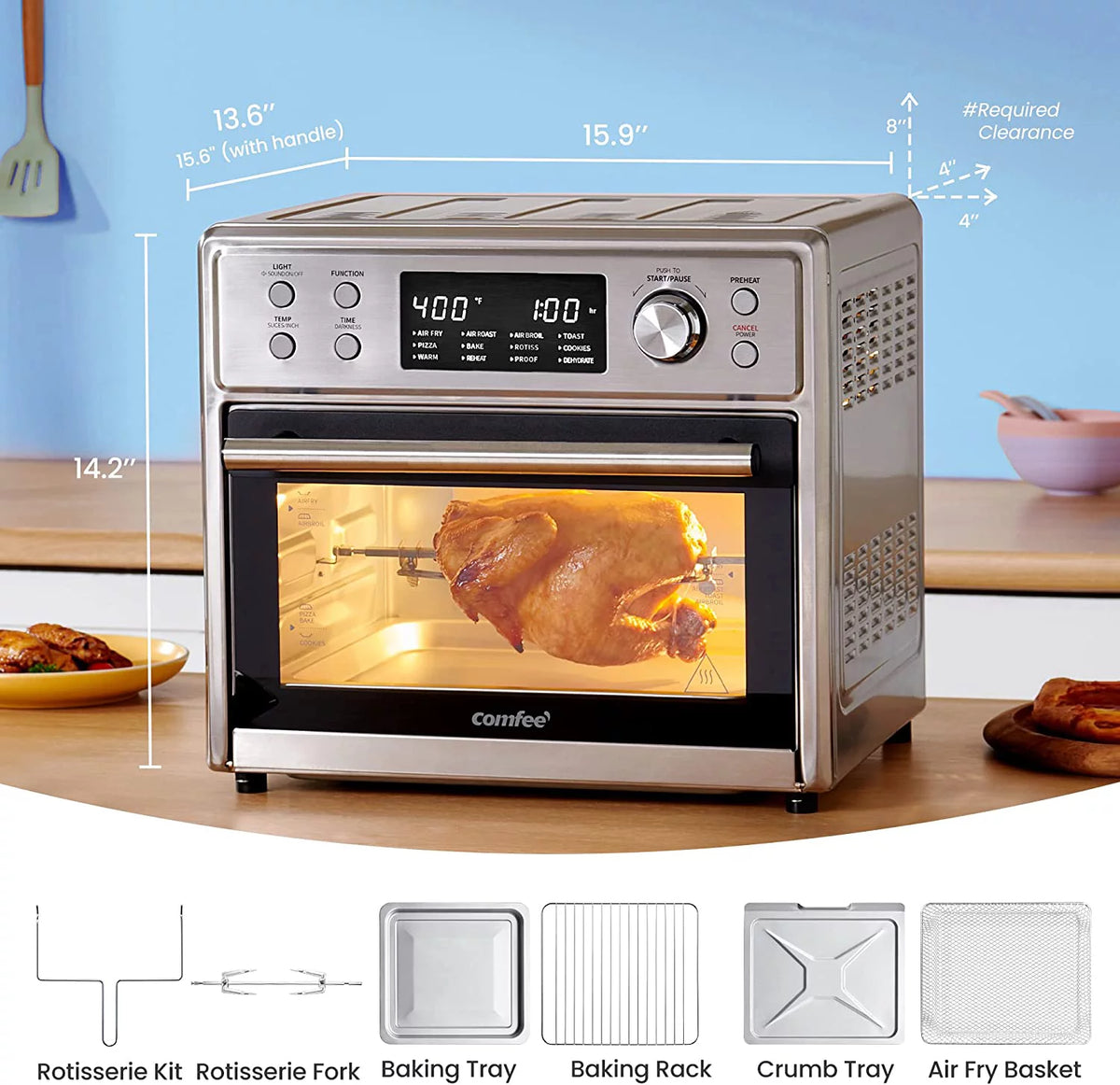 12-in-1 Air Fryer Toaster Oven Combo, 26.4 QT, Stainless Steel W377008