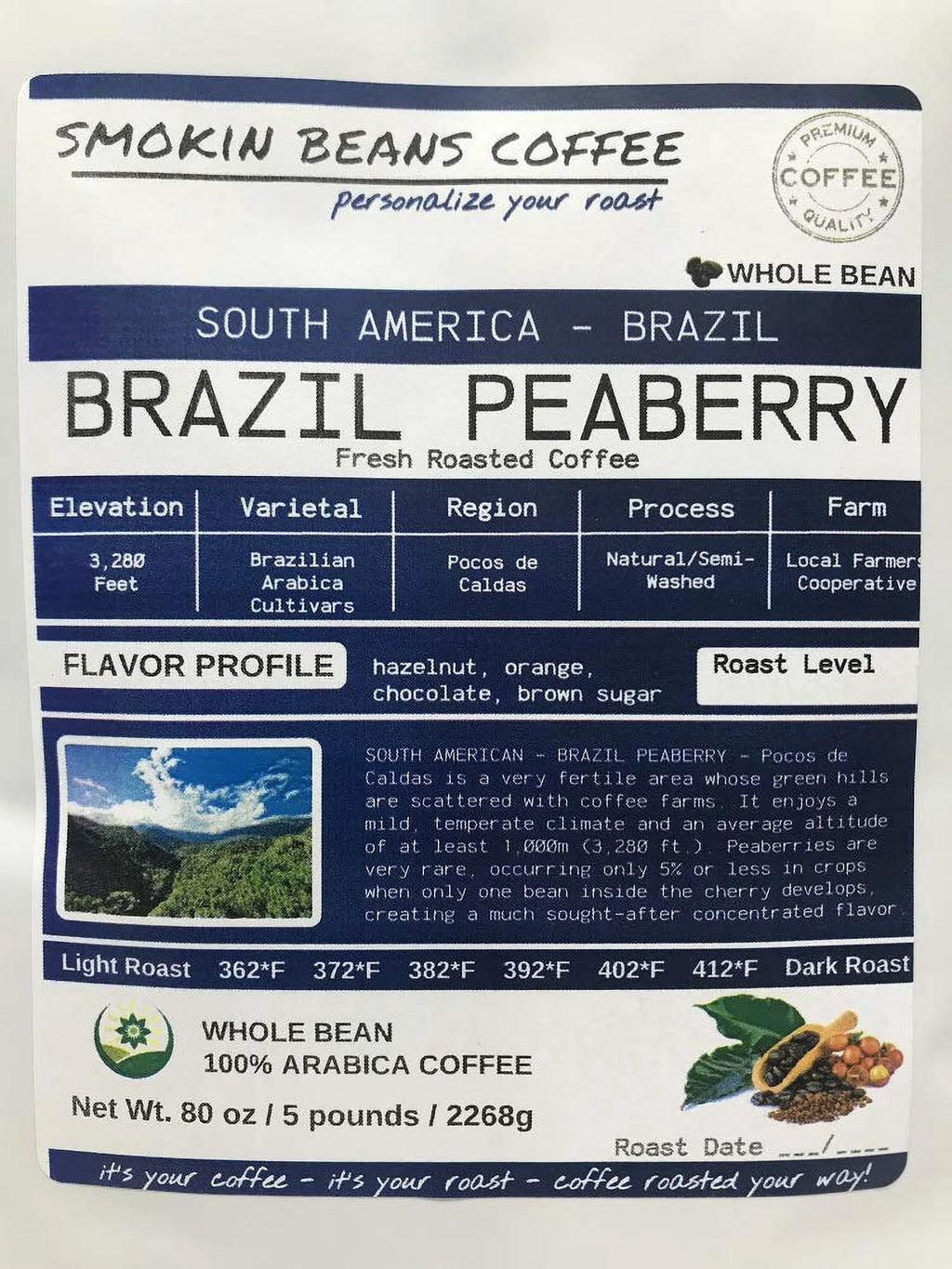 Brazil Peaberry Roasted Coffee Whole Bean P4675