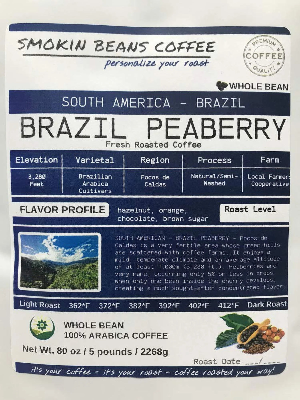 Brazil Peaberry Roasted Coffee Whole Bean P4675