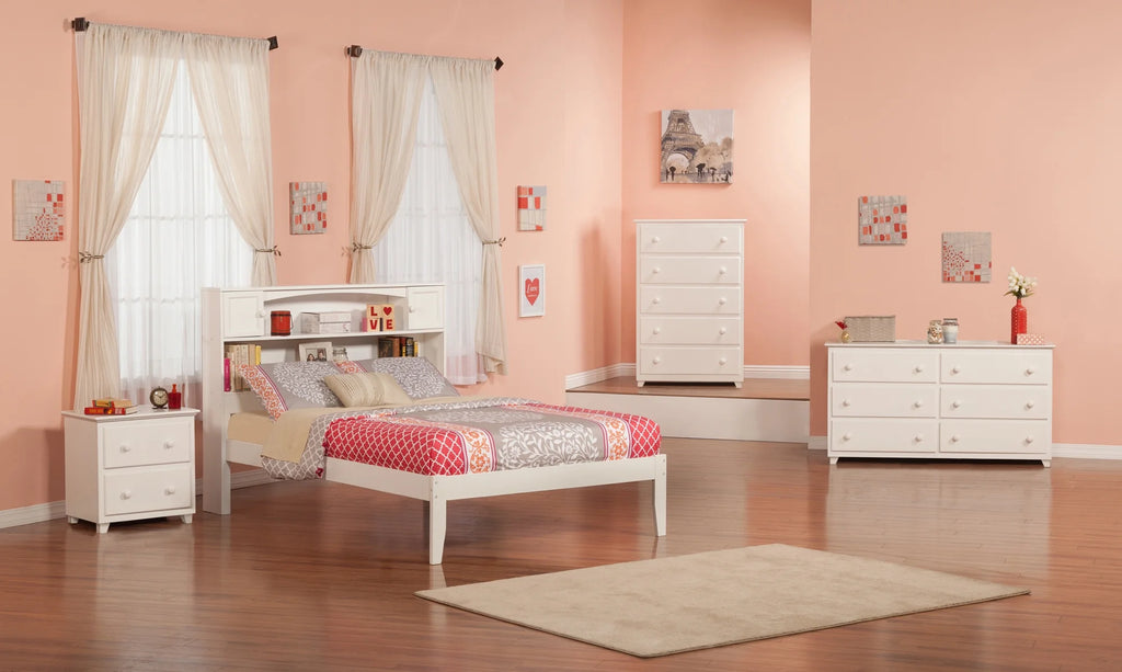 White Solid Wood Platform Bed with Storage Headboard G3245