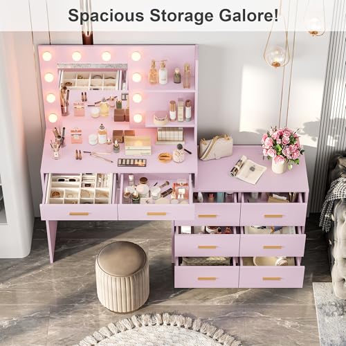 Black Vanity Desk with Mirror and Lights, 8 Storage Drawers W318