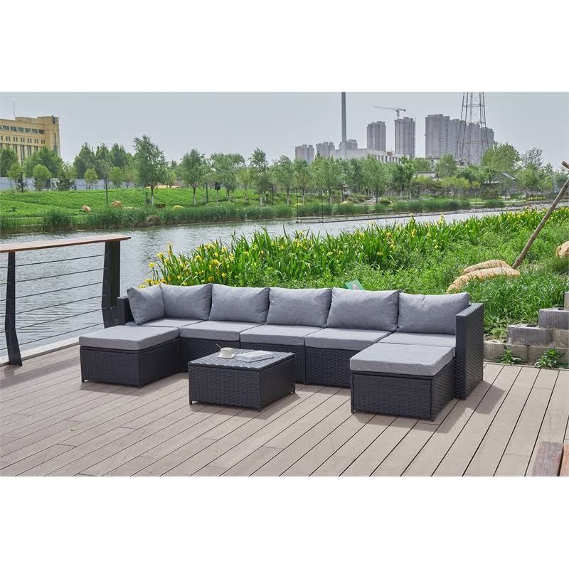 Grey Wicker/Rattan Sectional with Storage Ottoman H1818