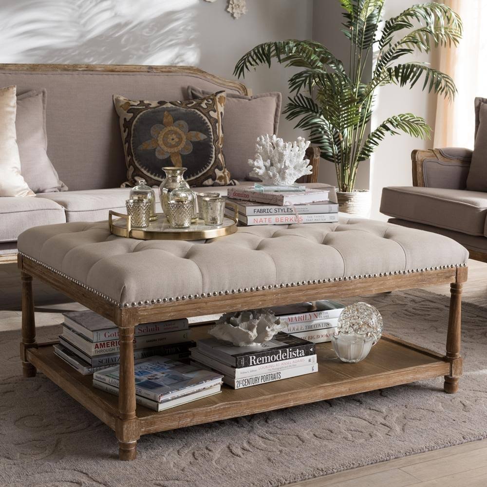 Beige Linen Rectangular Coffee Table Ottoman T8560