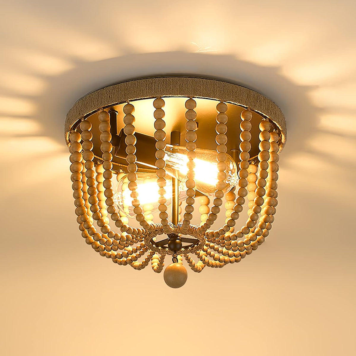 12.3 Boho Flush Mount Ceiling Light, 2-Light Wood Beaded Chandelier with Hemp Rope and White Finish E393510