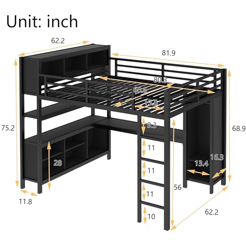 Queen Size Black Metal Loft Bed with Wardrobe and L-Shaped Desk M866