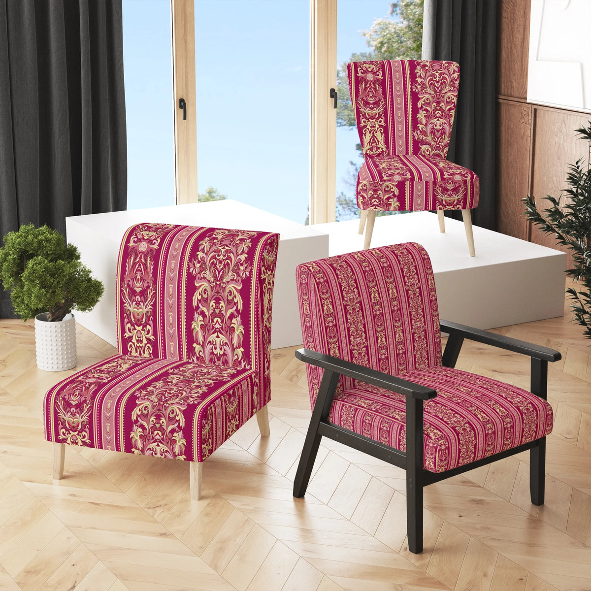 Purple and Gold Striped Pattern Upholstered Accent Chair O6454