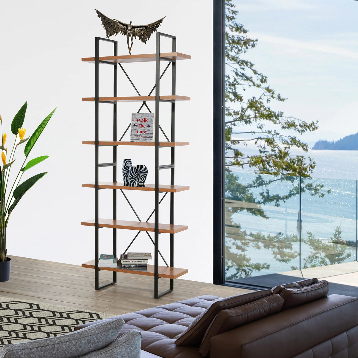 Walnut Wood and Metal Display Bookcase B555