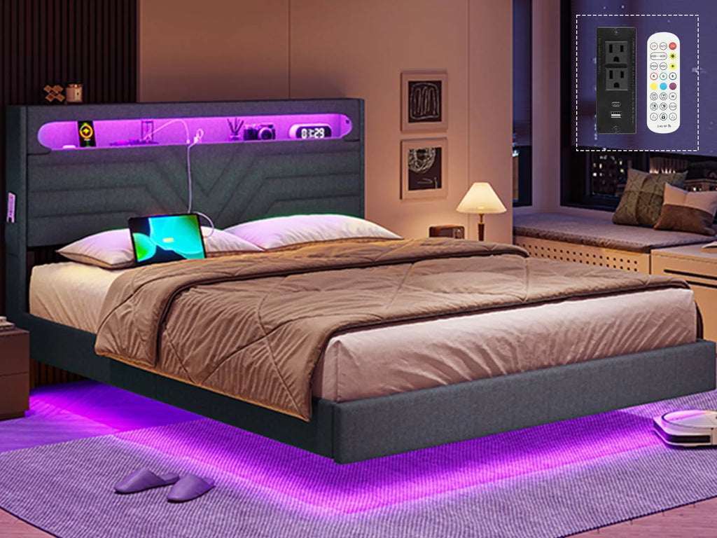 Queen Floating Bed Frame with LED Lights Headboard, USB-C/A Power Combo, Upholstered Platform Bed, Dark Gray O579