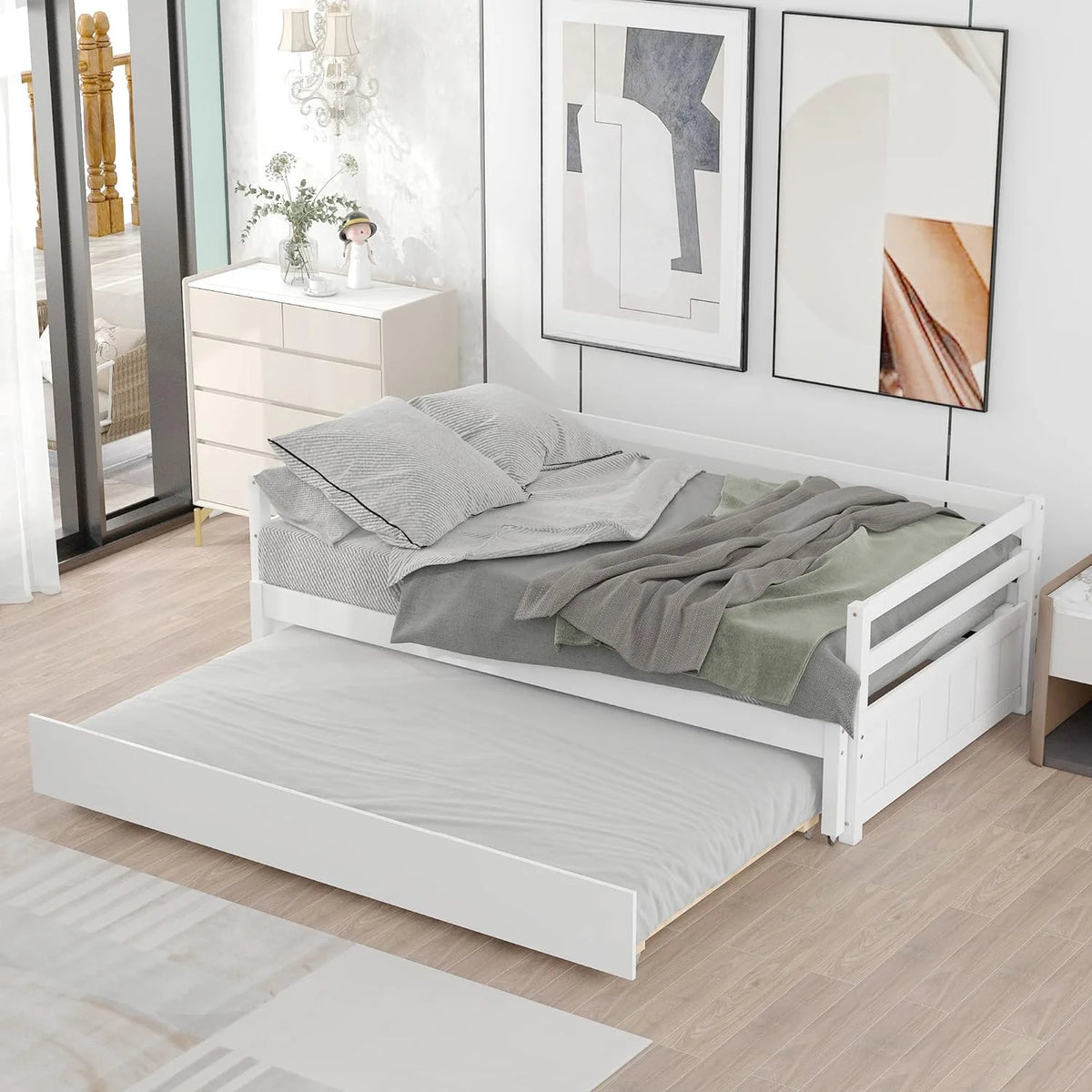White Wood Extendable Daybed with Trundle H55016