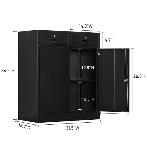 Black Metal Storage Cabinet with Adjustable Shelf and 2 Drawers C1840