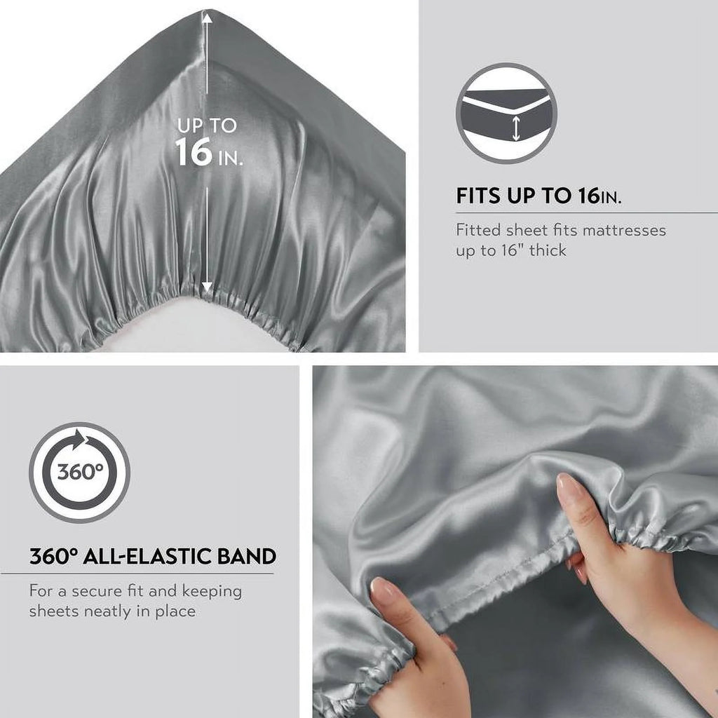 6 Piece Satin Sheet Set with Flat Sheet, Fitted Sheet, 4 Pillowcases Q696