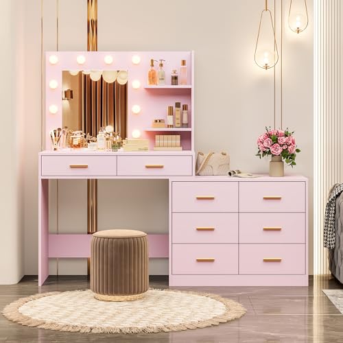 Black Vanity Desk with Mirror and Lights, 8 Storage Drawers W318