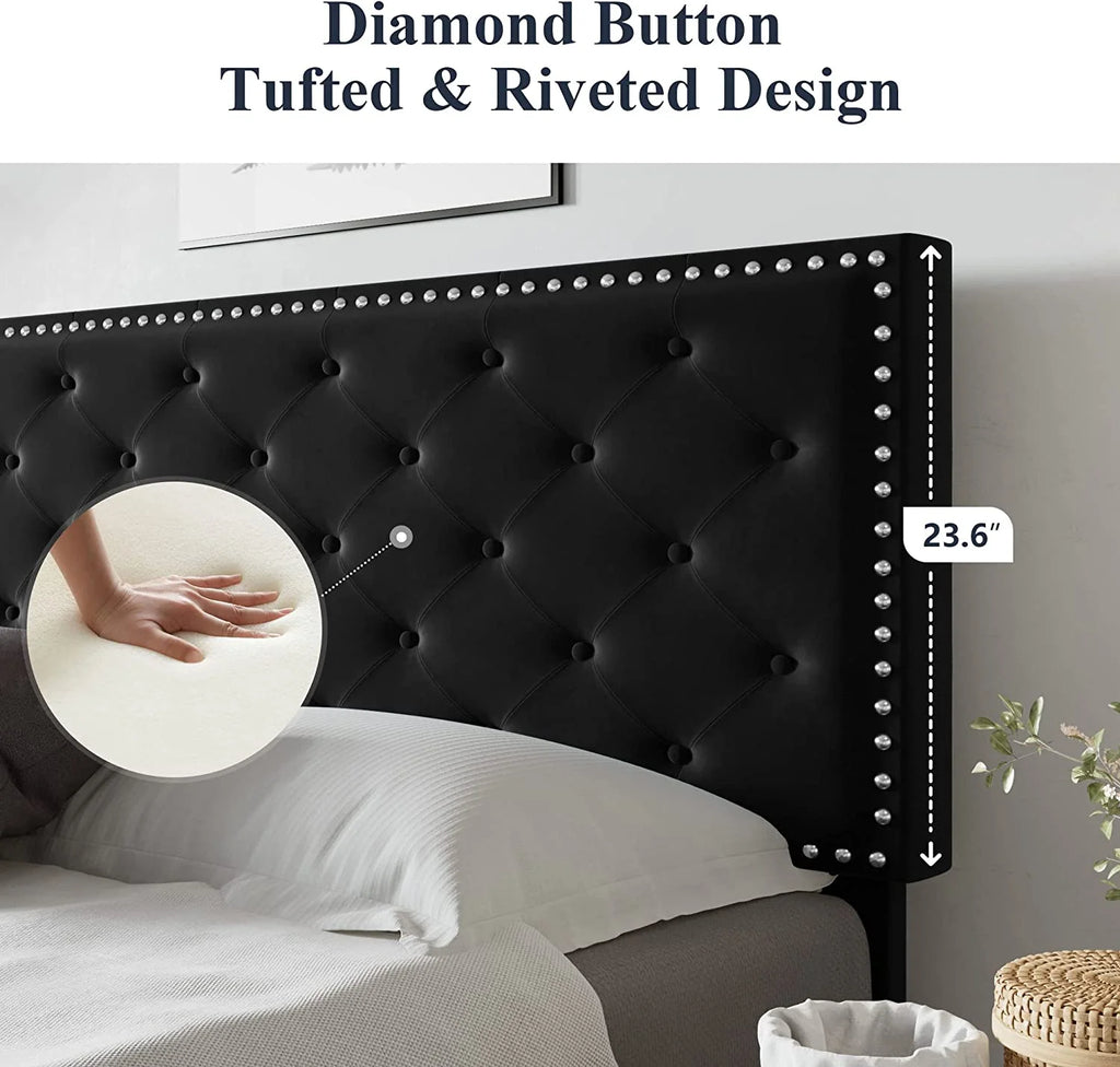 Queen Size Velvet Upholstered Platform Bed with Tufted Headboard O873