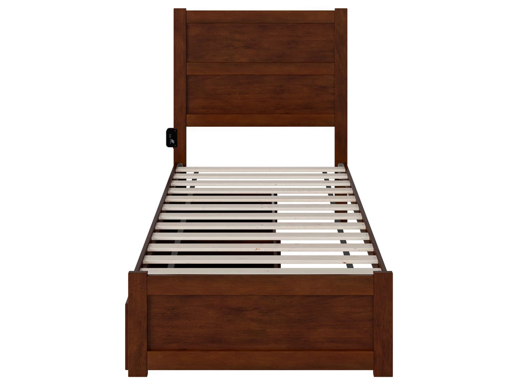 Twin Wood Platform Bed with Headboard Footboard & 2 Storage Drawers, Walnut Q7258