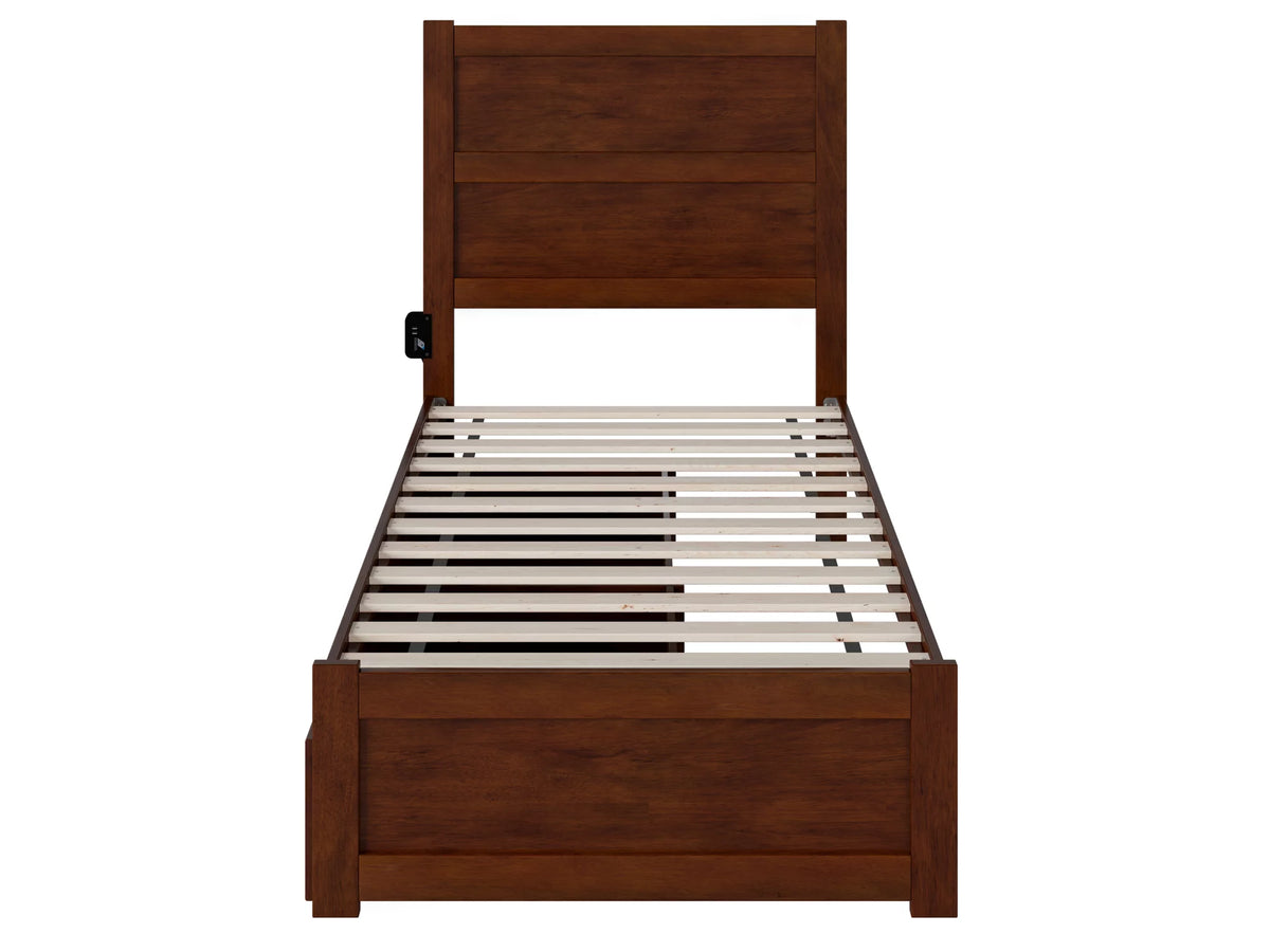Twin Wood Platform Bed with Headboard Footboard & 2 Storage Drawers, Walnut Q7258