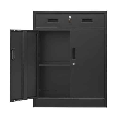Black Metal Storage Cabinet with Adjustable Shelf and 2 Drawers C1840