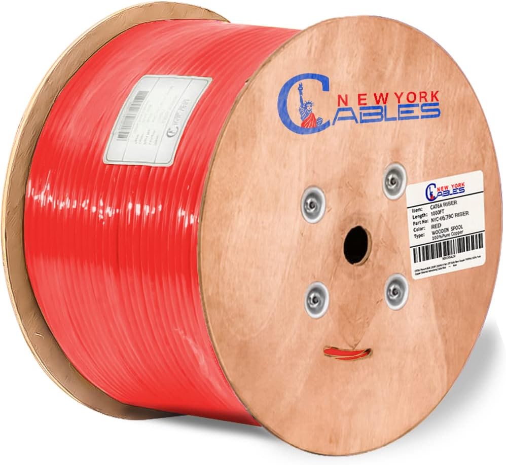 Cat6a Riser Bulk Ethernet Cable 1000ft CMR Rated Spool Solid Bare Copper 23AWG UTP Black O7869
