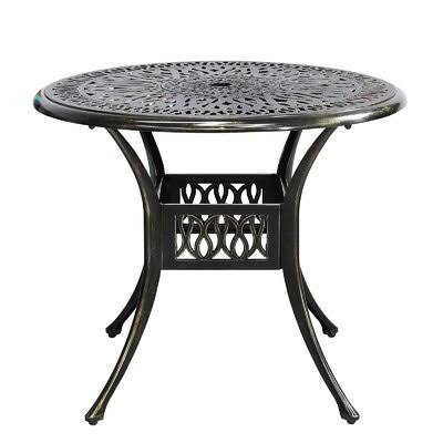 Round Cast Aluminum Patio Bistro Table with Umbrella Hole Y1430