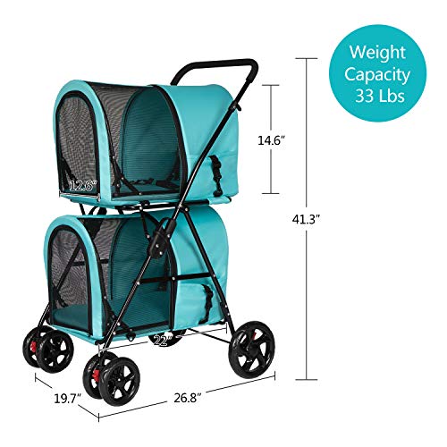 Grey Double Pet Stroller with 4 Wheels and 2 Detachable Carrier Cages S2464