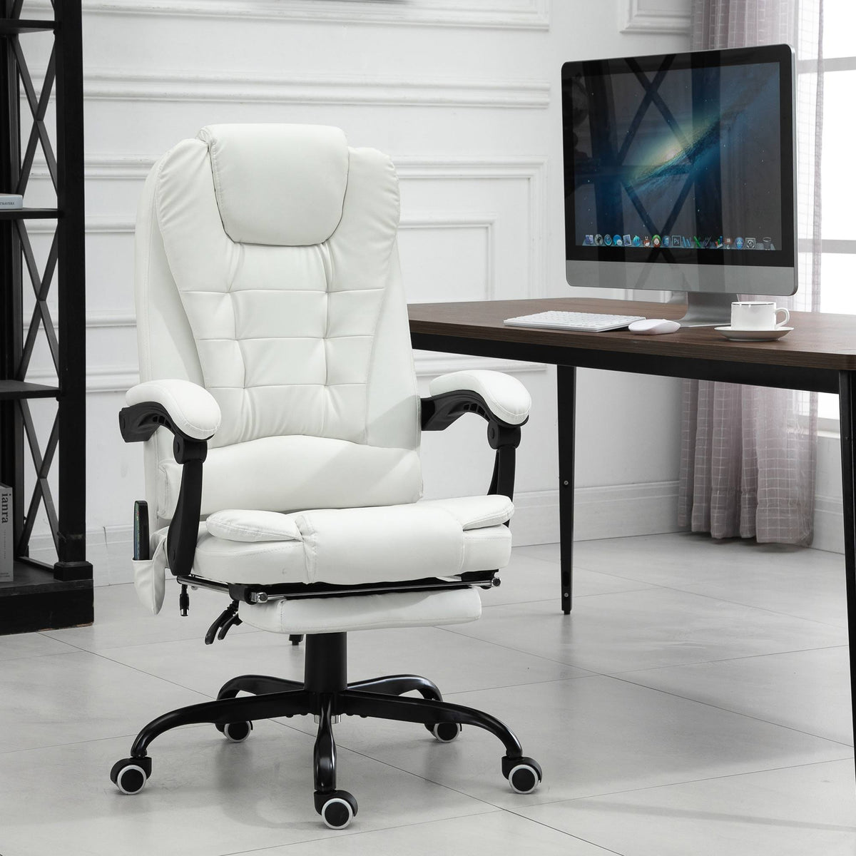 White High Back Massage Office Chair with Heating and Footrest W44712