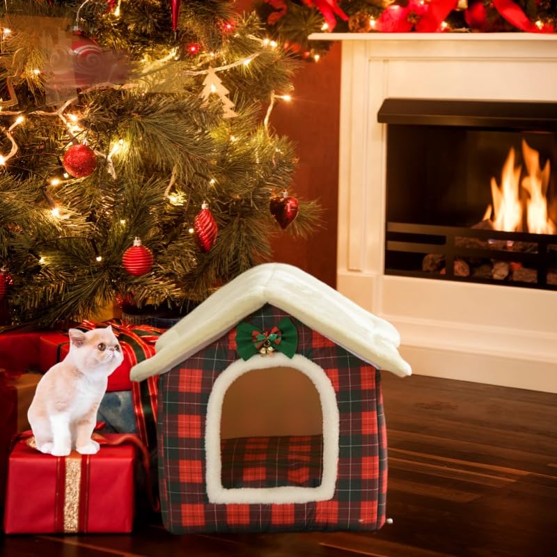Plaid Cat Bed Cave with Removable Cushion A466234