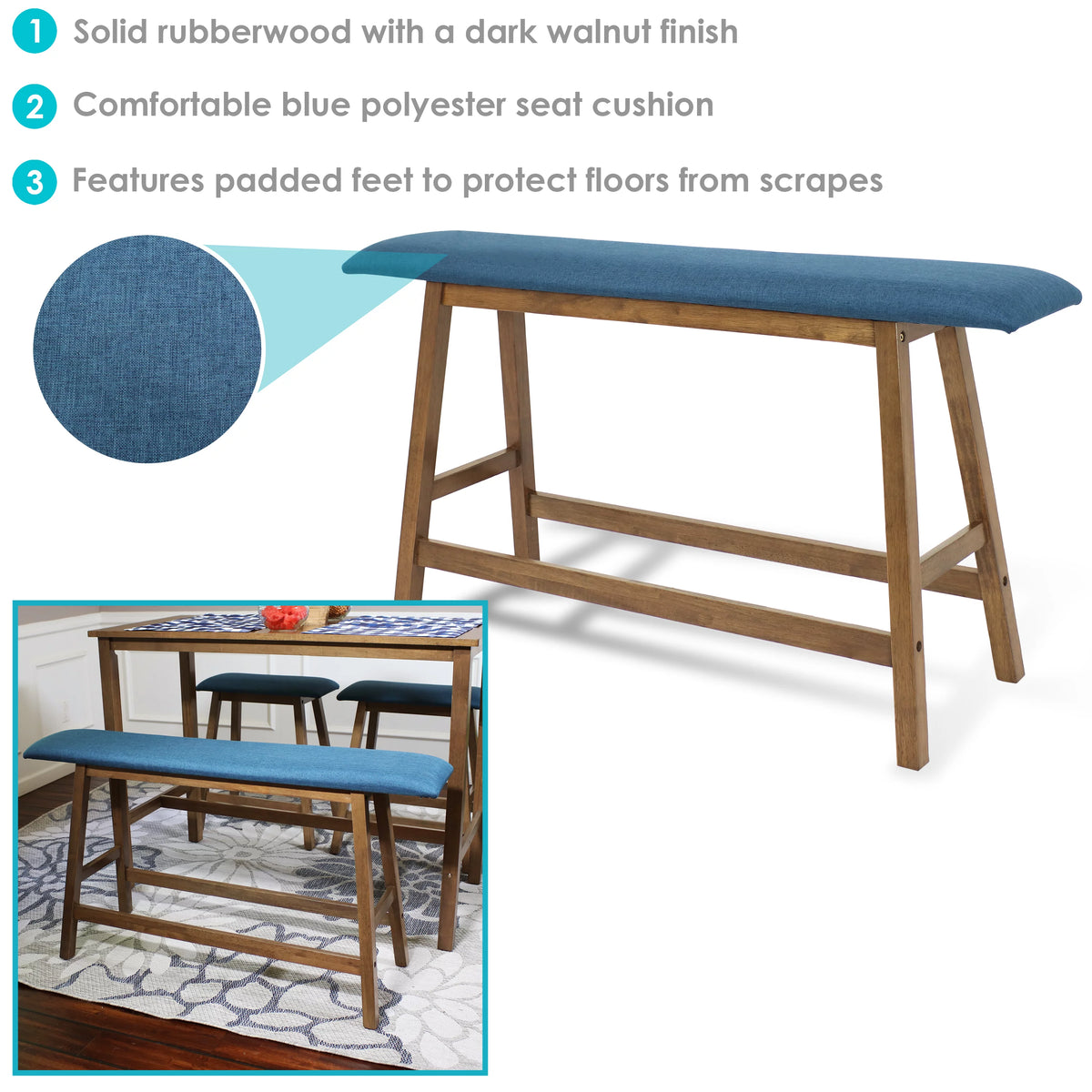 Wooden Counter-Height Dining Bench with Blue Cushion N993833