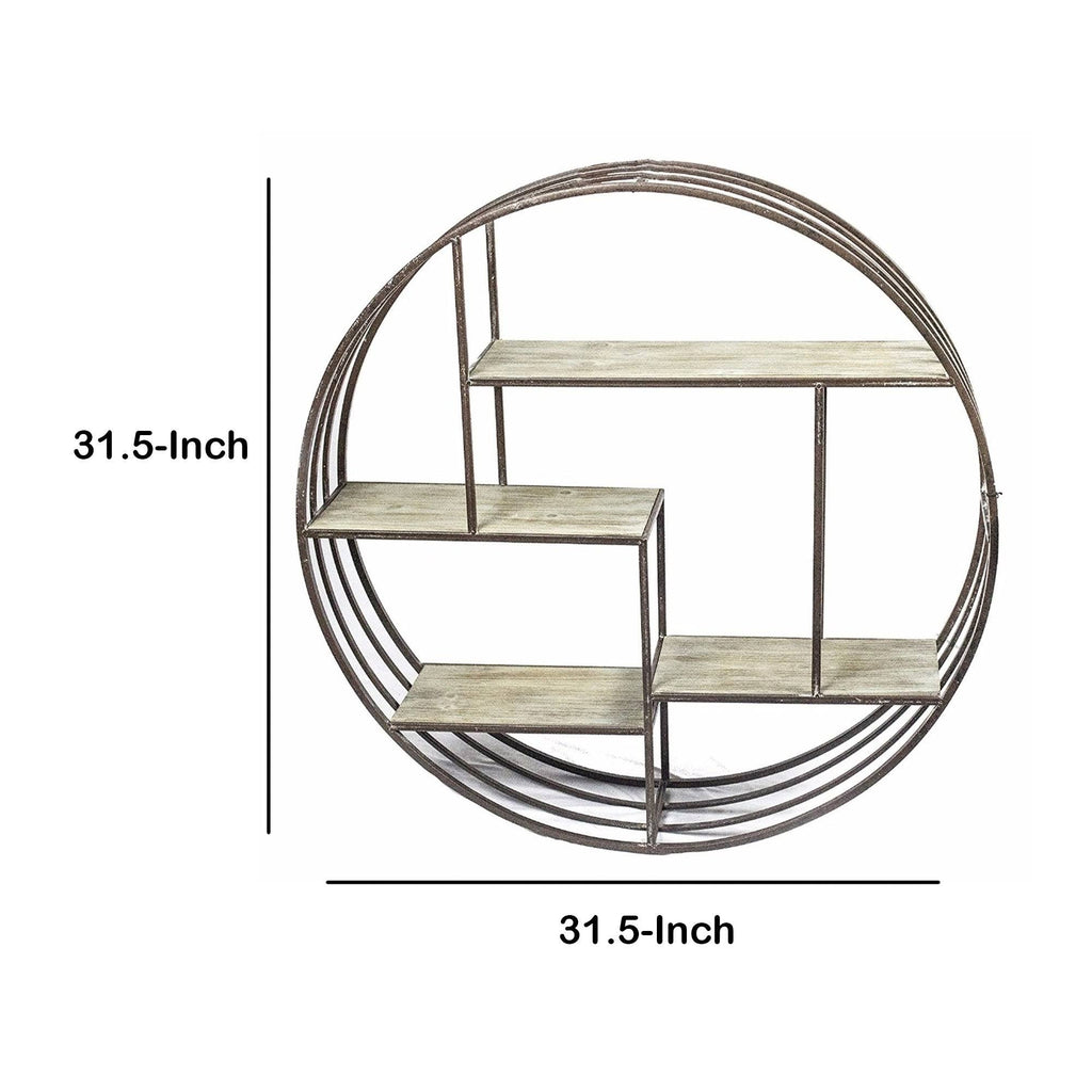 Brown Round Metal Wall Shelf with Wooden Shelves S5327