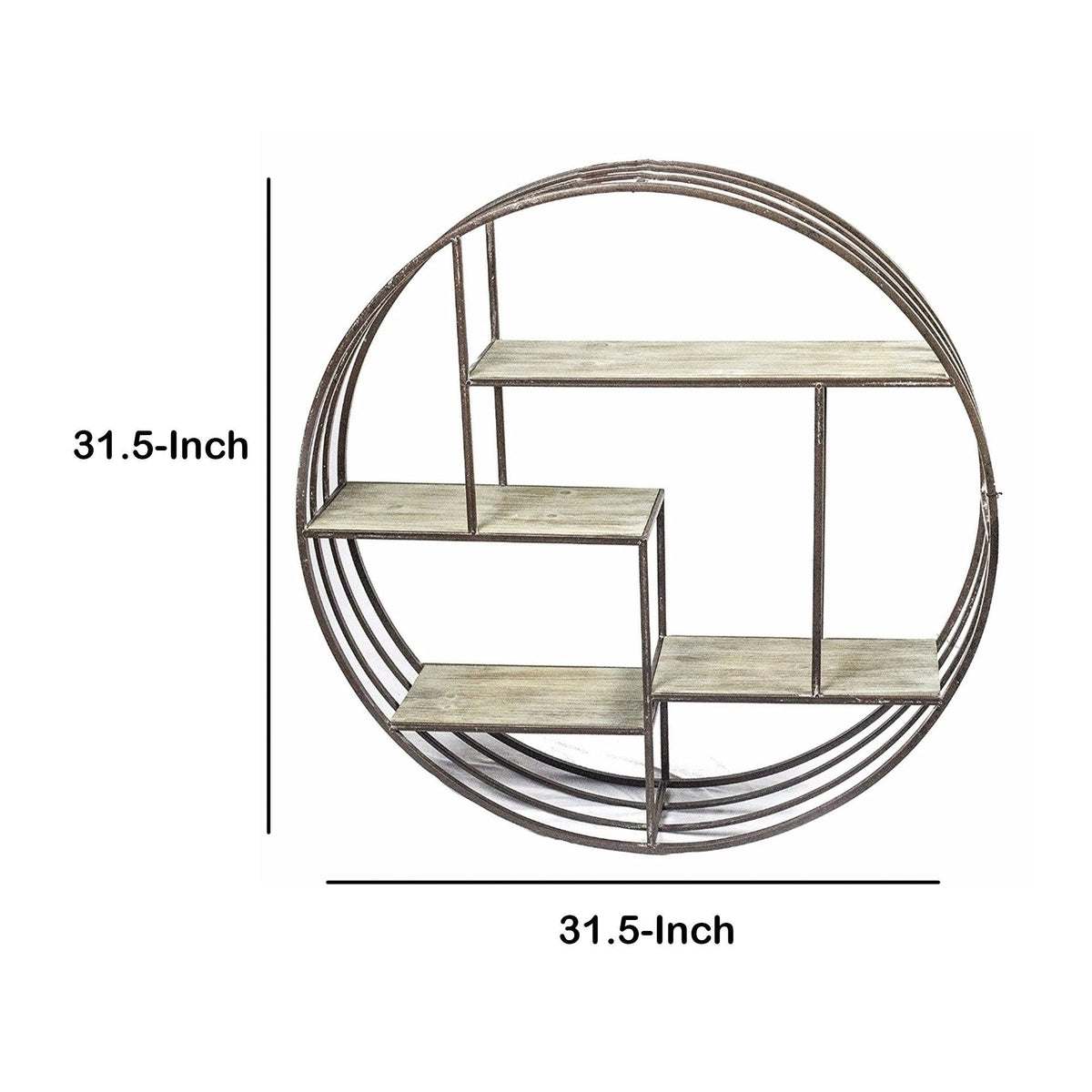 Brown Round Metal Wall Shelf with Wooden Shelves S5327