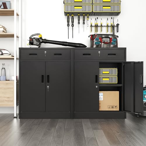 Black Metal Storage Cabinet with Adjustable Shelf and 2 Drawers C1840