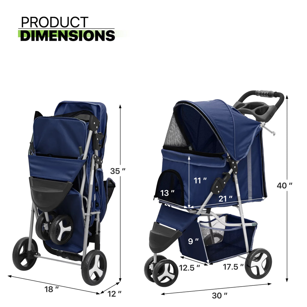 Foldable Pet Stroller with Wheels, Storage Basket and Cup Holder, Navy Blue I927
