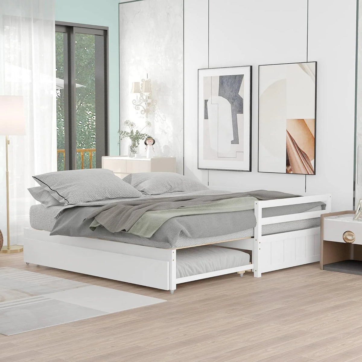 White Wood Extendable Daybed with Trundle H55016
