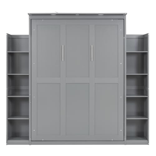 Grey Full Size Wood Murphy Bed with Storage Shelves and LED Lights X3433