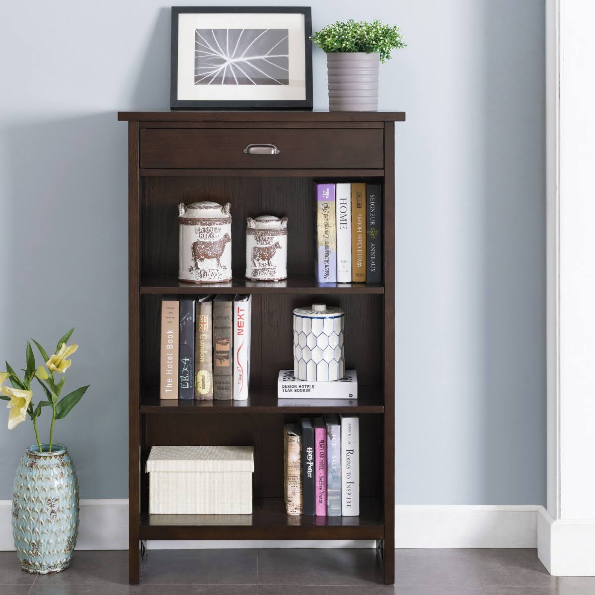 3 Shelf Bookcase with Drawer Storage, Chocolate Oak R809827