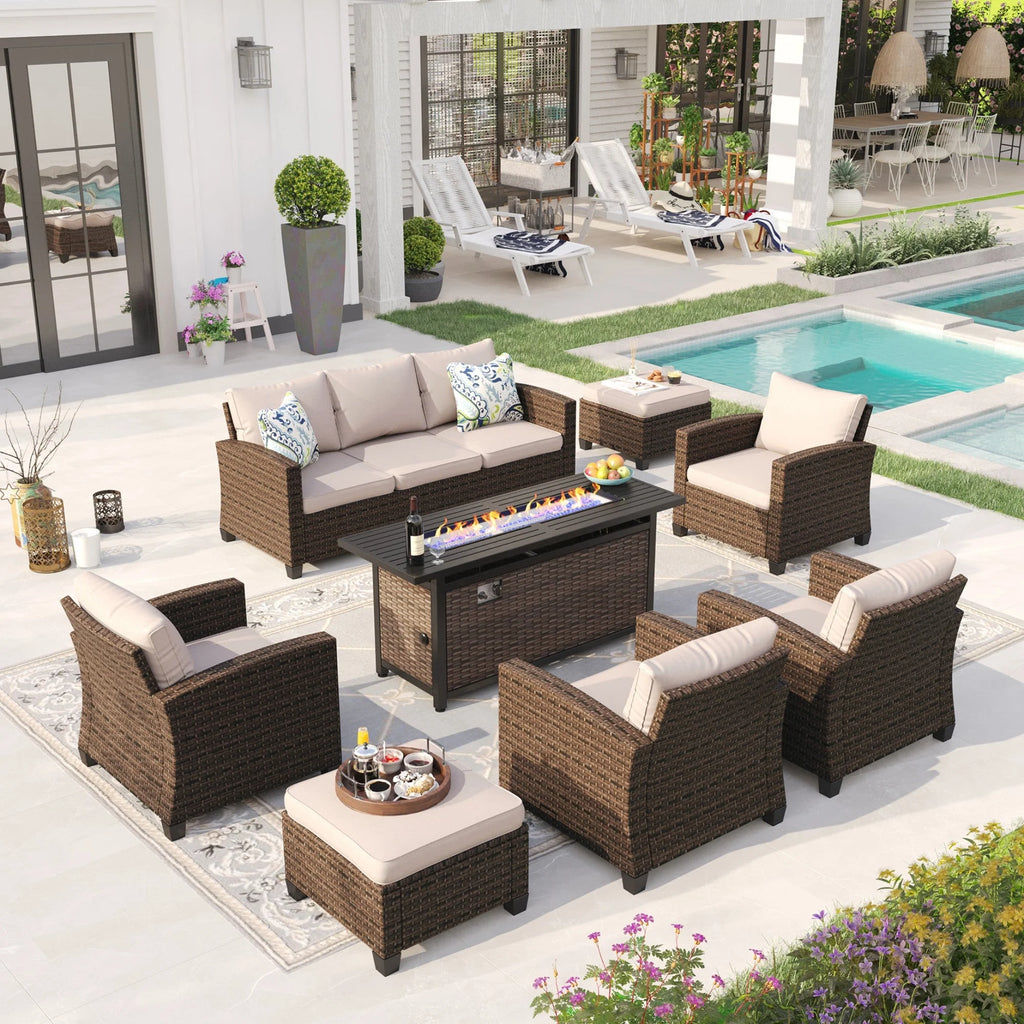 8 Pieces Wicker Patio Furniture Set with Fire Pit Table G604424