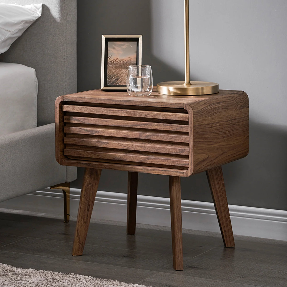 Mid Century Modern Nightstand Side Table with Wood Slat Drawer Storage K99023