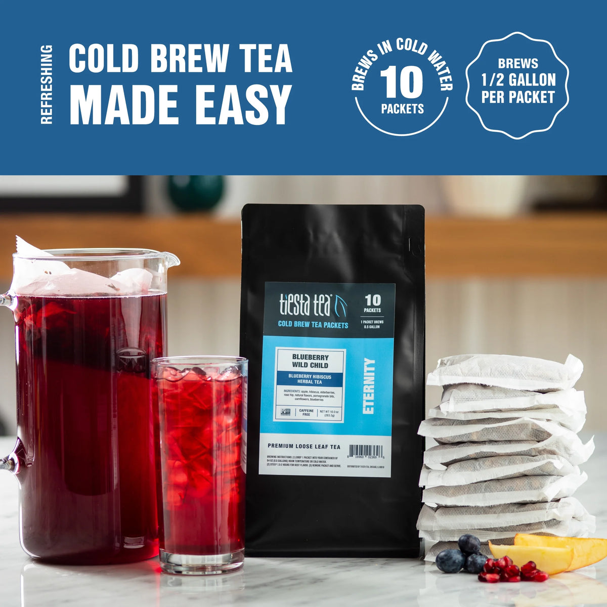 Blueberry Hibiscus Herbal Loose Leaf Iced Tea, 10 Cold Brew Packets O62429