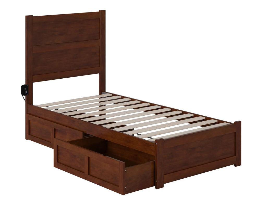 Twin Wood Platform Bed with Headboard Footboard & 2 Storage Drawers, Walnut Q7258