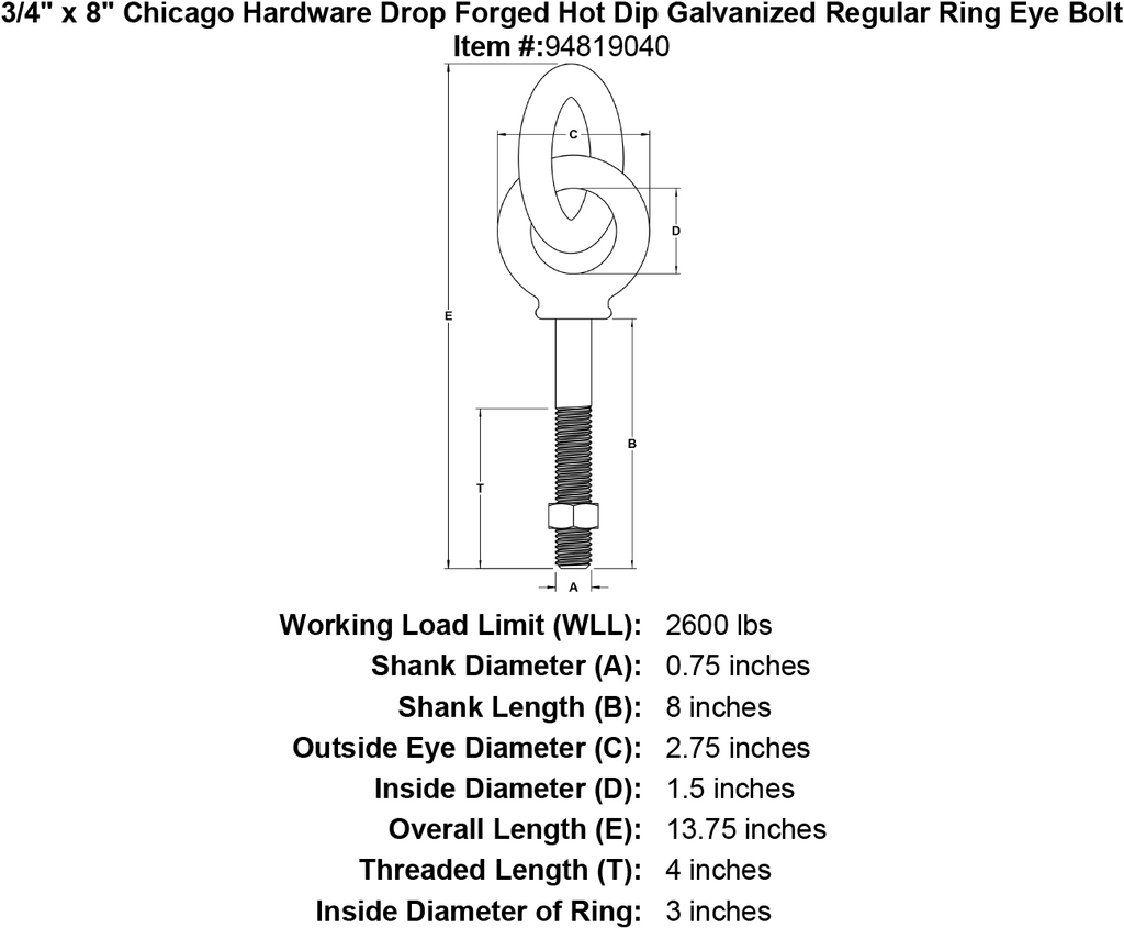 3/4 x 8 Hot Dip Galvanized Regular Ring Eyebolt C609