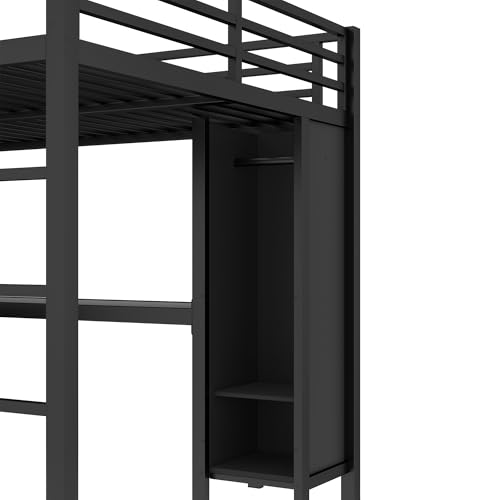 Queen Size Black Metal Loft Bed with Wardrobe and L-Shaped Desk M866