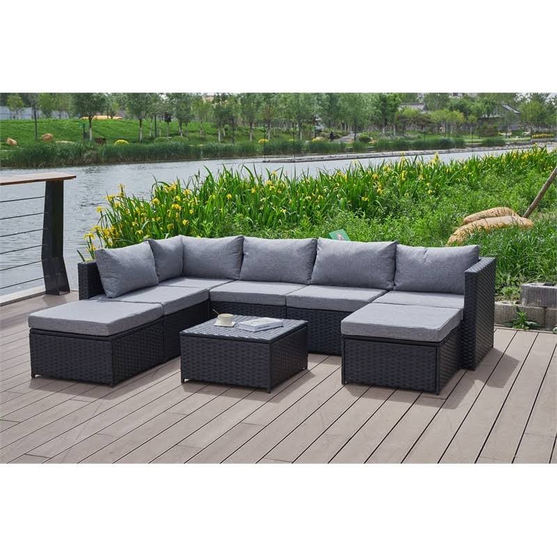 Grey Wicker/Rattan Sectional with Storage Ottoman H1818