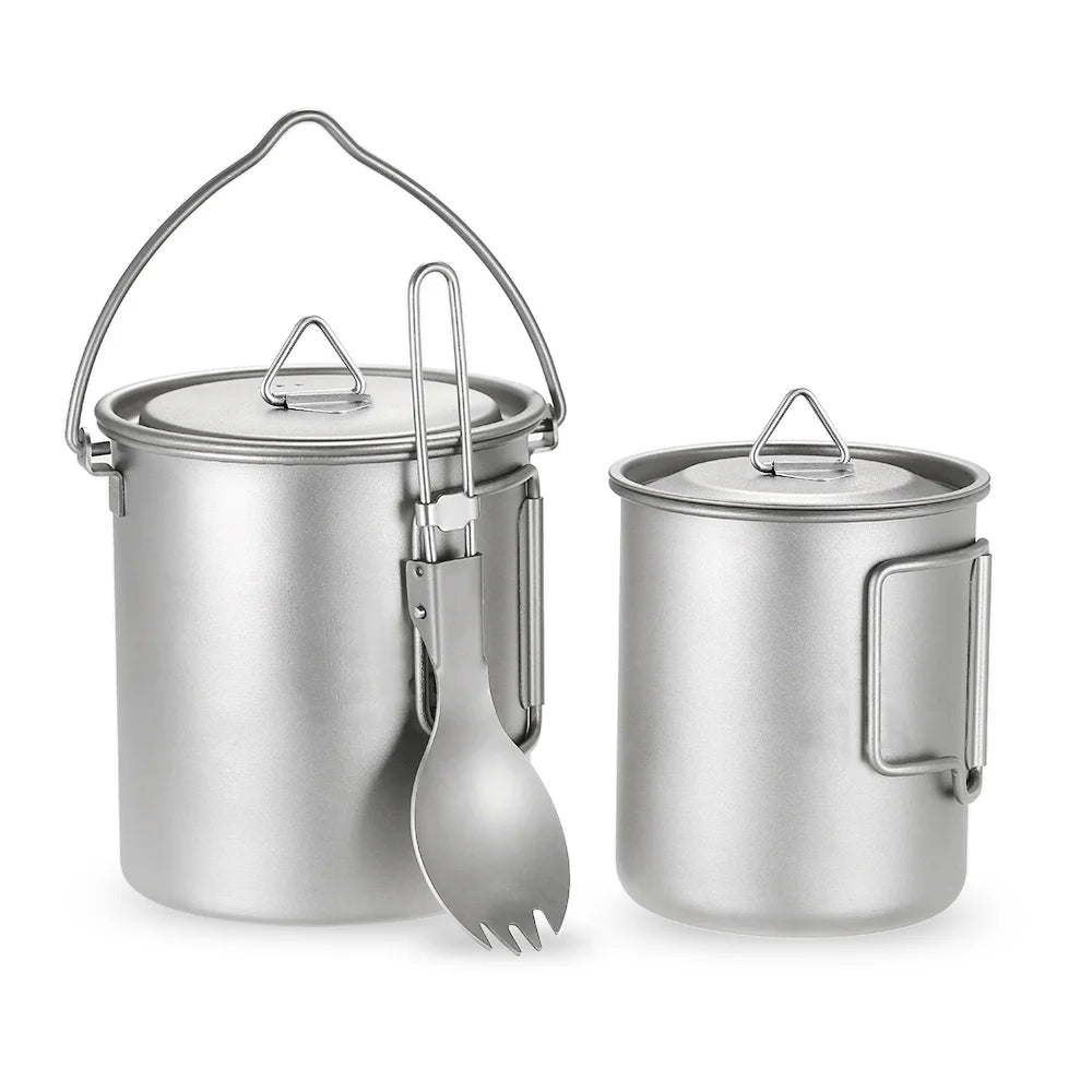 Titanium 3 Pieces Set 750ml Pot 450ml Water Cup Mug with Lid Folding Spork Z728014