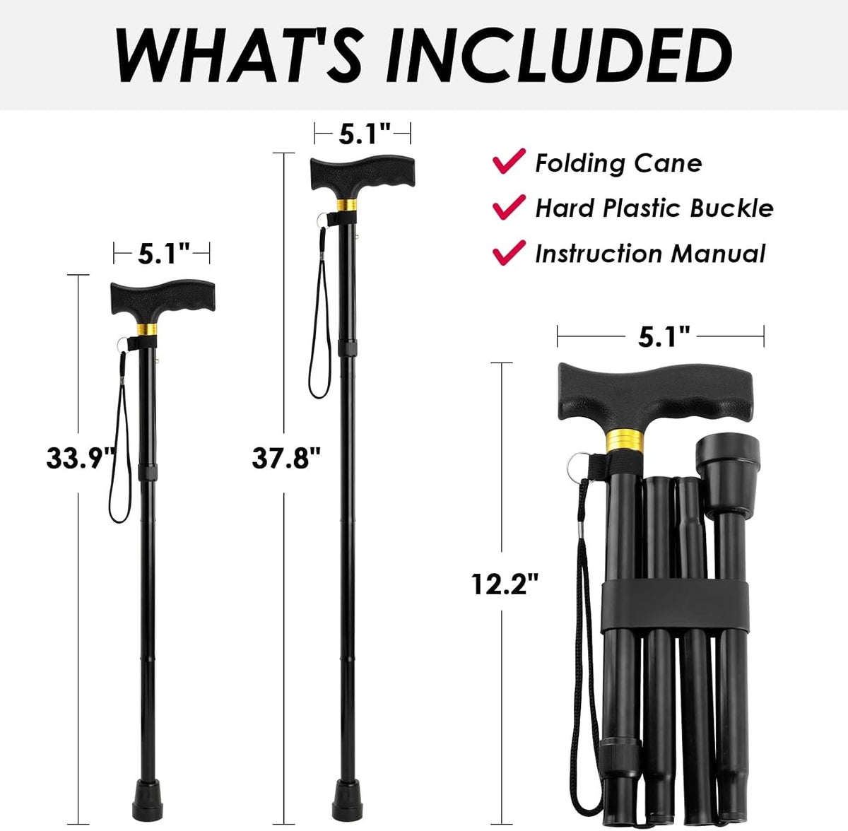 5-Level Height Adjustable Folding Plastic T-Handle Walking Cane I75892