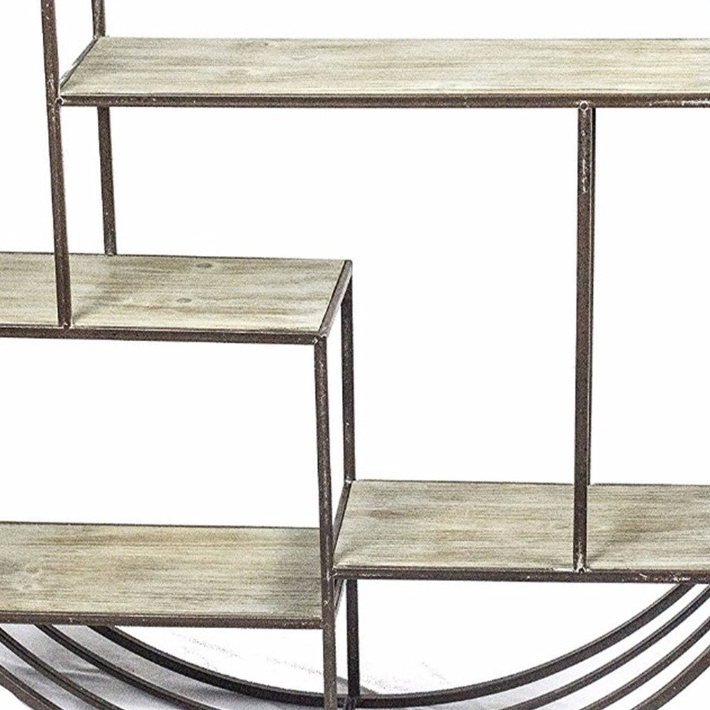 Brown Round Metal Wall Shelf with Wooden Shelves S5327