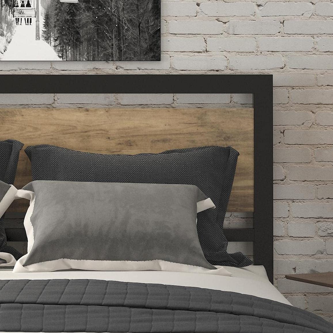Brown Queen Size Metal Platform Bed Frame with Wooden Headboard U58902