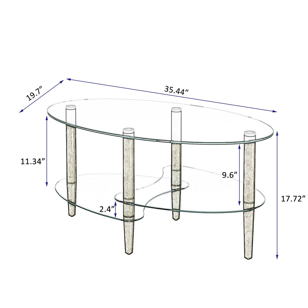 Oval Glass Coffee Table with Oak Wood Legs O534138