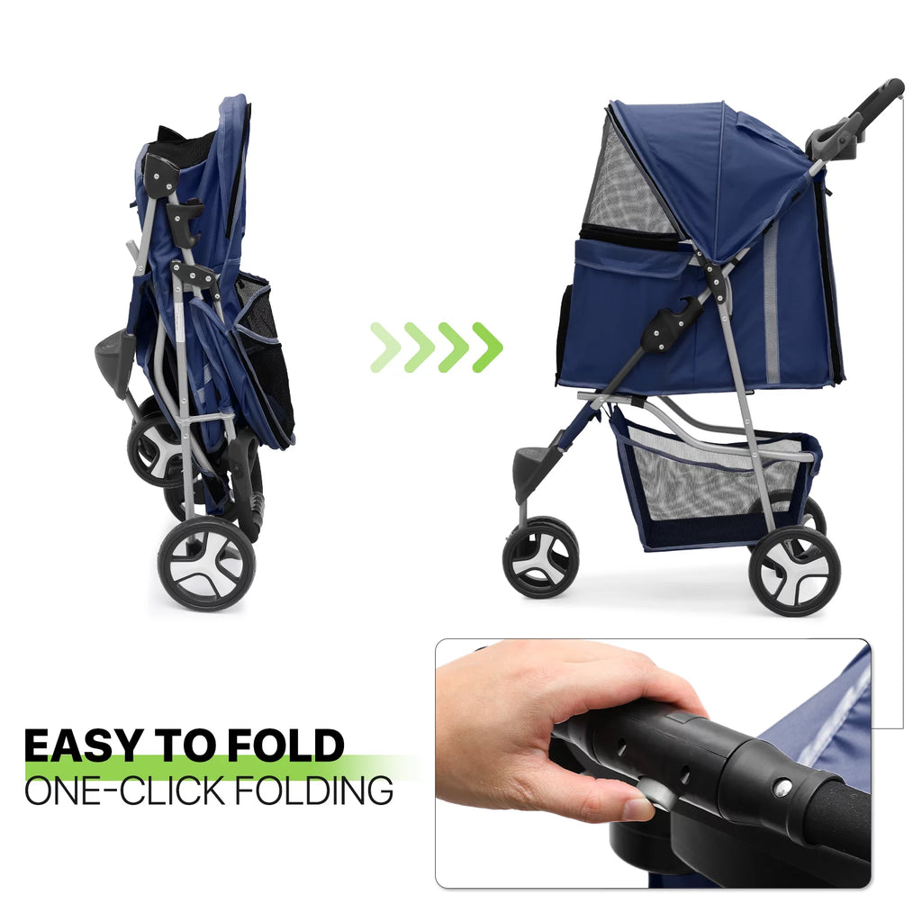 Foldable Pet Stroller with Wheels, Storage Basket and Cup Holder, Navy Blue I927